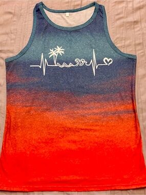 Source Unknown Blue to Orange Ombre Palm Tree Wave Heart Tank Top